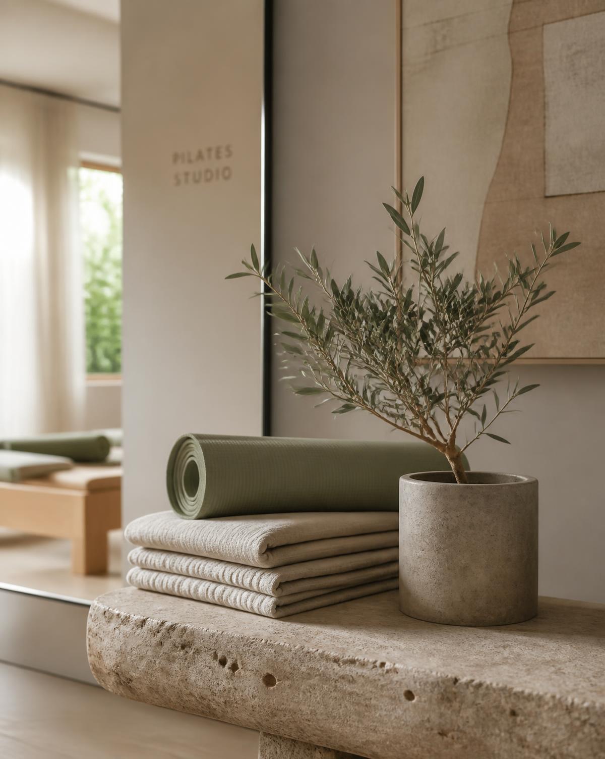 Folded linen towels, a rolled mat and an olive plant on a stone bench