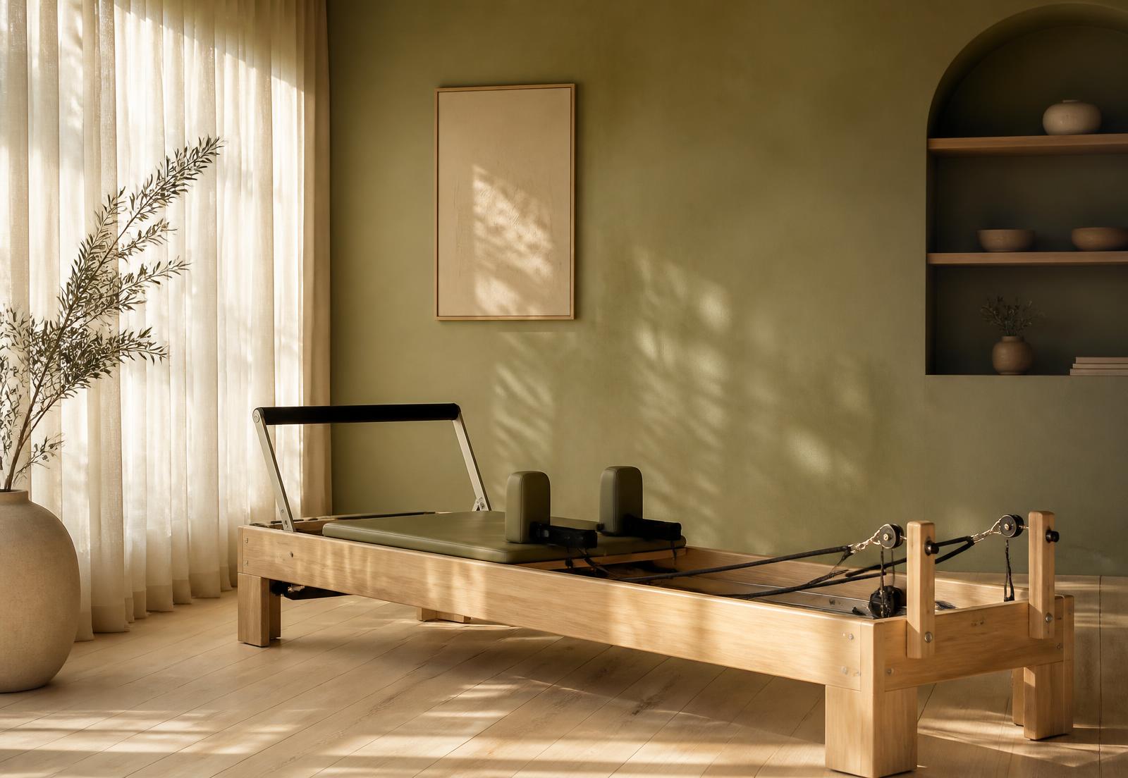 A wooden Pilates reformer in a sunlit studio with sage-green walls